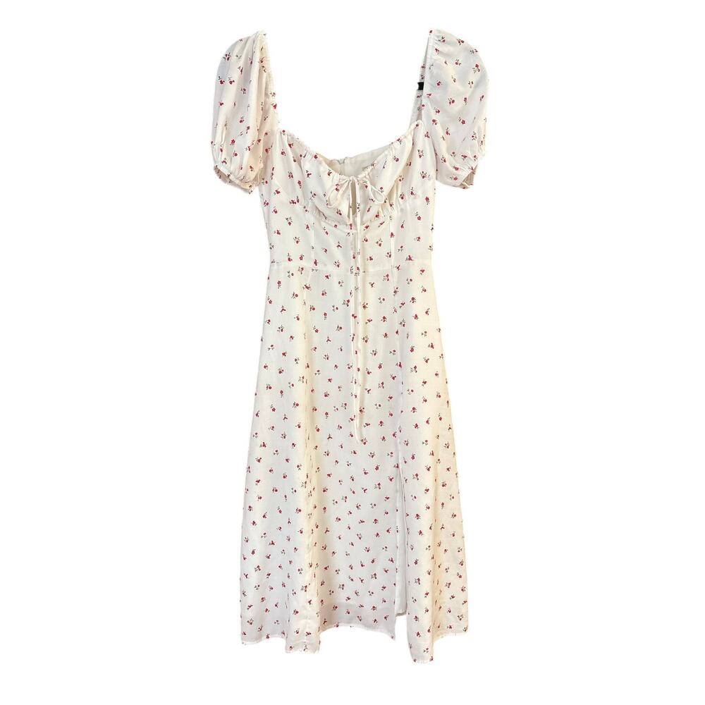 3CE white red floral babydoll puff sleeve cottage midi knee‎ slit dress SIZE S